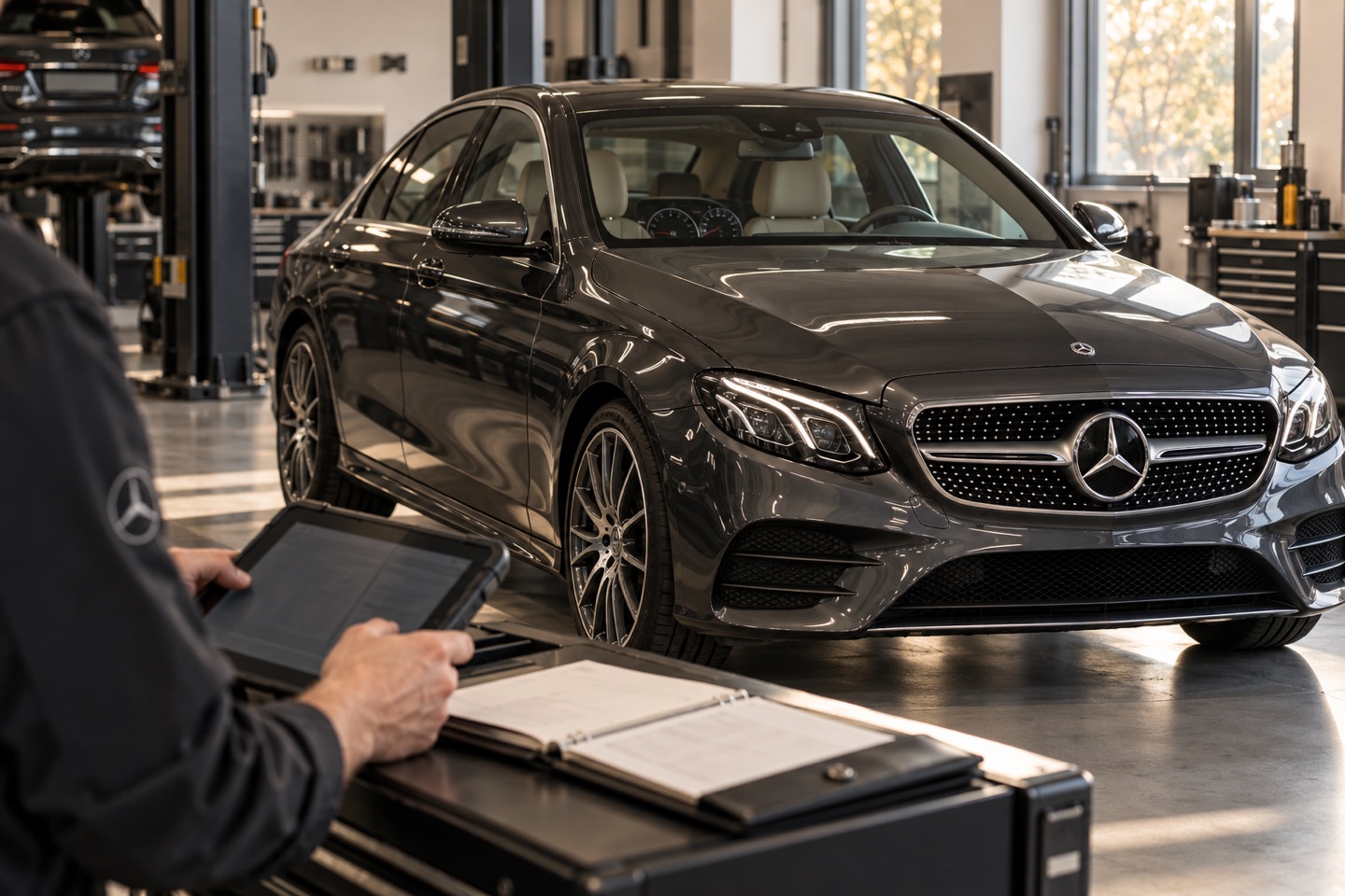 Ilustracja weryfikacji przebiegu Mercedesa: samochód w warsztacie, tablet diagnostyczny i dokumentacja serwisowa